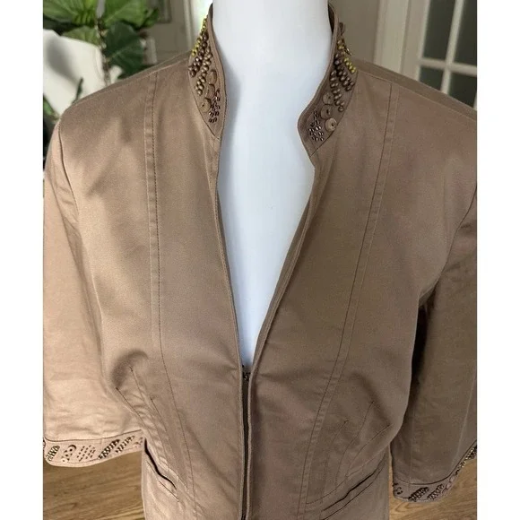 Coldwater Creek Chocolate Brown Cotton Blend Jacket w/Button Bead Trim - size 10 - Picture 2 of 10